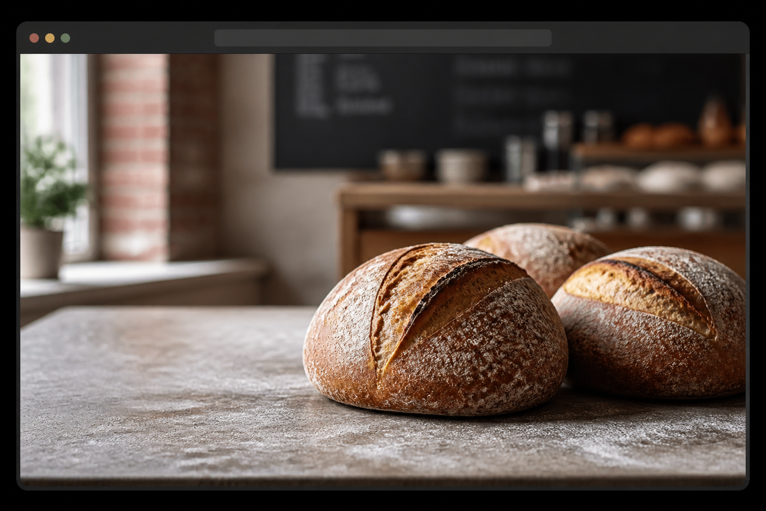 Rustic sourdough loaves in a neighborhood bakery